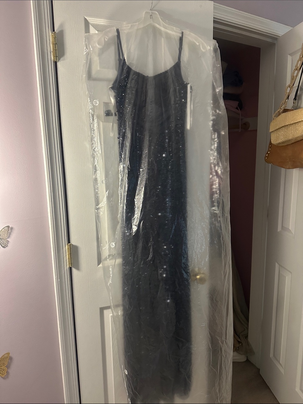 Navy Sequin Beaded Maxi Dress with Gold Slit Accent - Picture 5 of 6